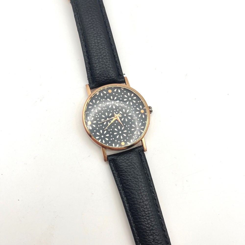 Rose Gold Tone Floral Daisy Dial Watch Black Faux Leather Strap MSPCI